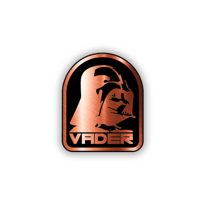 Engraved dark helmet vehicle badge with adhesive backing
