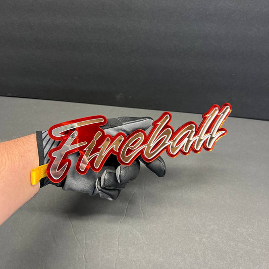 Mirror silver Fireball script decal style acrylic badge with red border