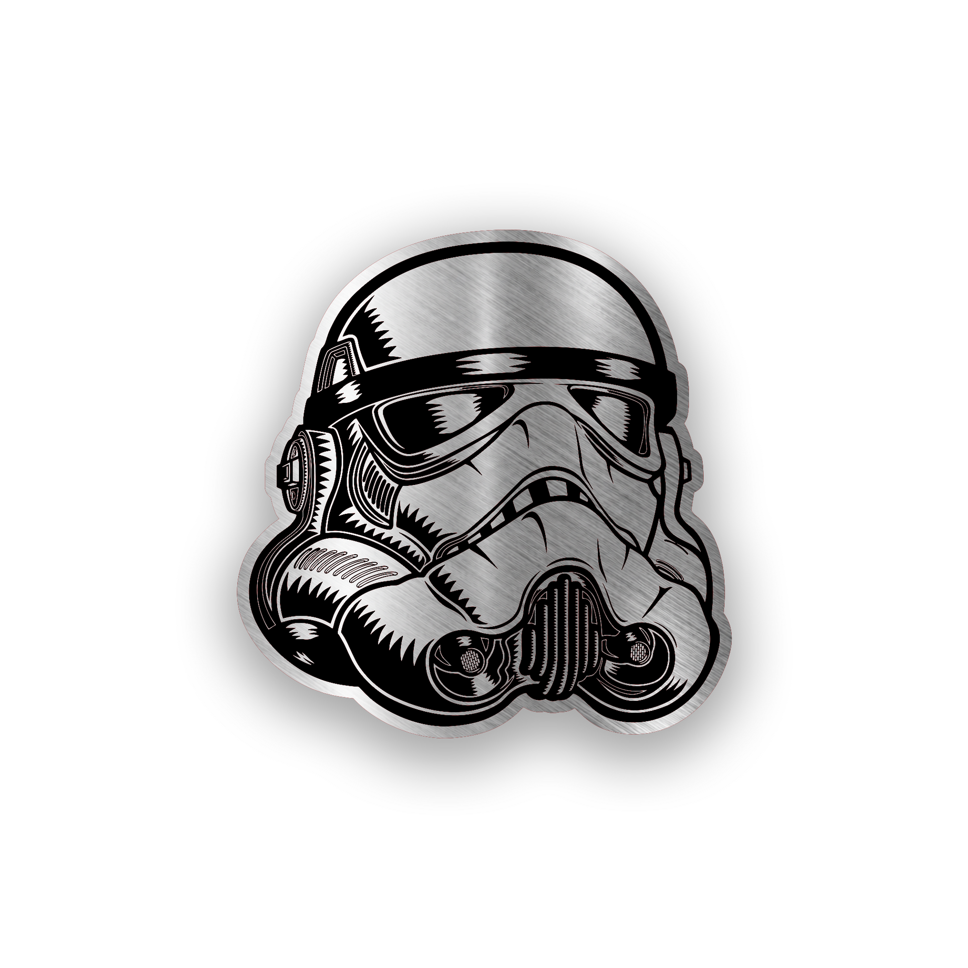 Star Wars inspired engraved car badge with stormtrooper helmet style emblem design