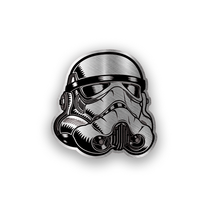 Star Wars inspired engraved car badge with stormtrooper helmet style emblem design