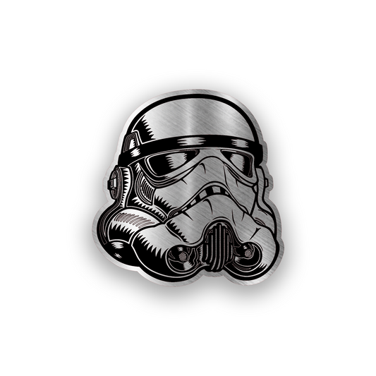 Star Wars inspired engraved car badge with stormtrooper helmet style emblem design