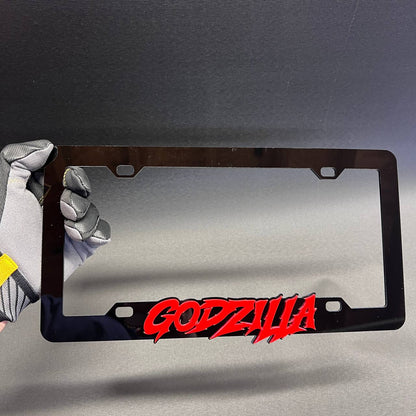 Custom car exterior frame with red Godzilla lettering and black border