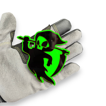 Custom Grim Reaper hood and fender badge for personalized vehicle appearance