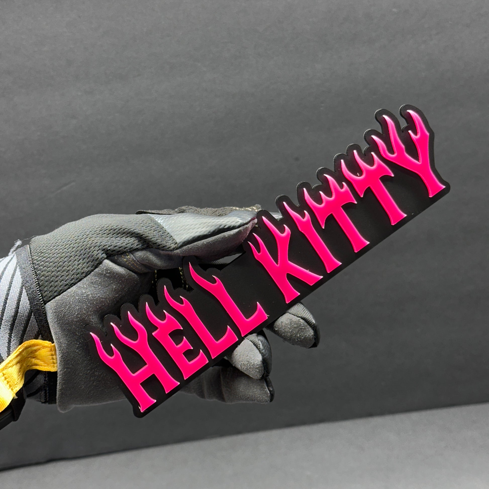 Custom Hell Kitty flame lettering acrylic emblem for RAM truck