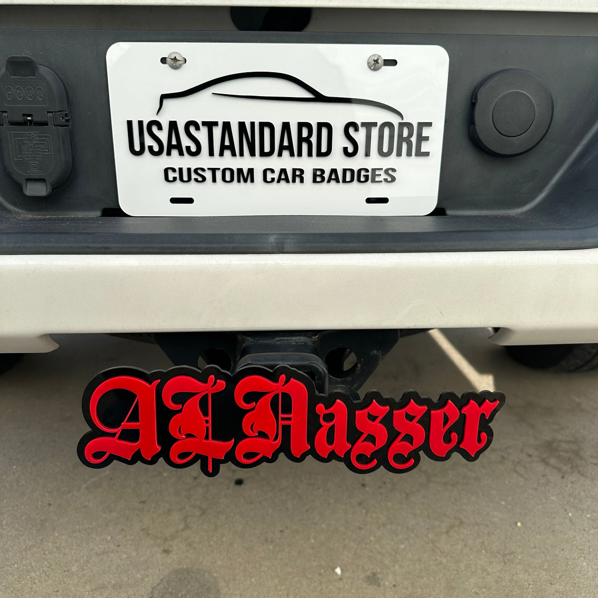 Personalized text truck hitch cover emblem with custom name design