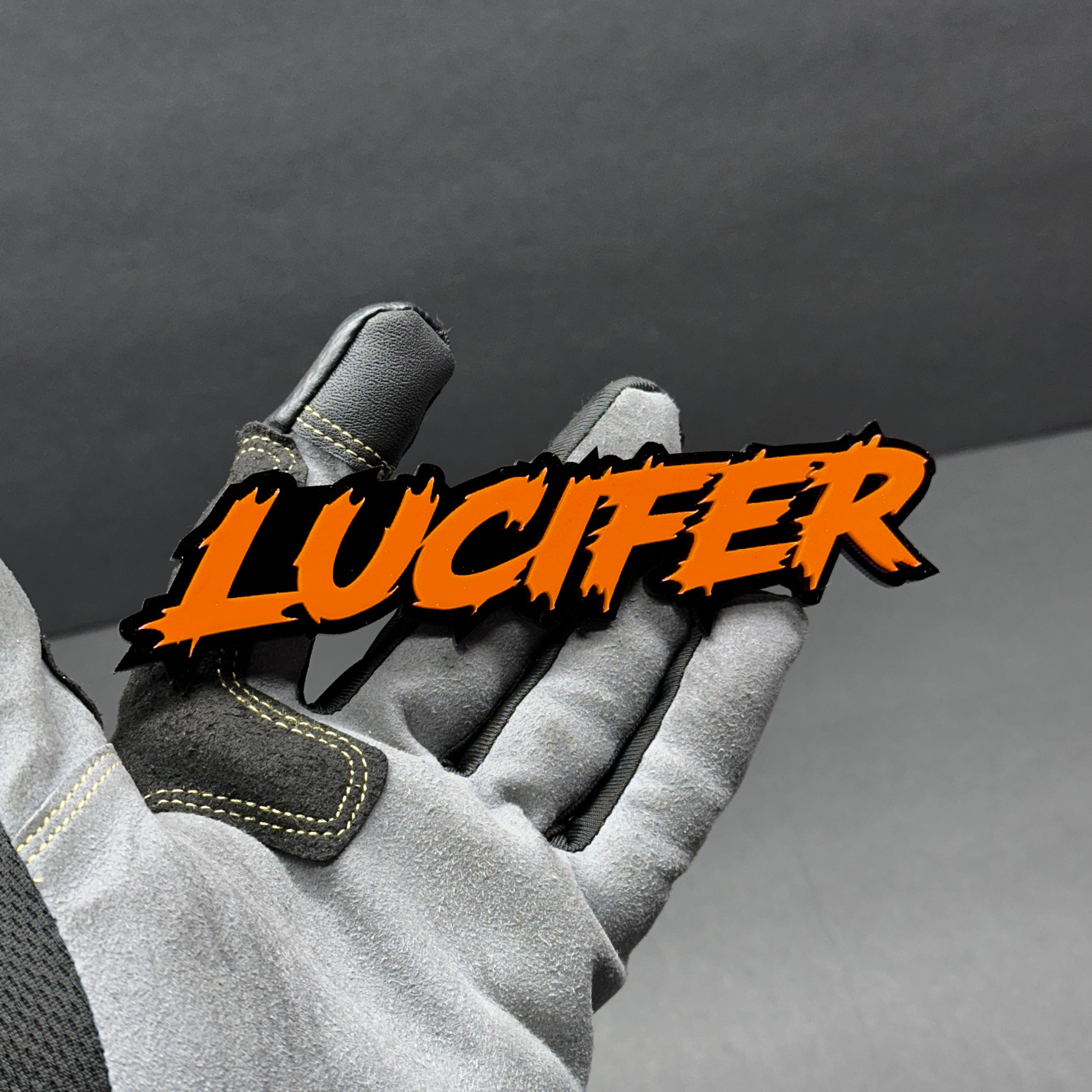 Red Lucifer automotive emblem mounted acrylic badge for hood or tailgate styling