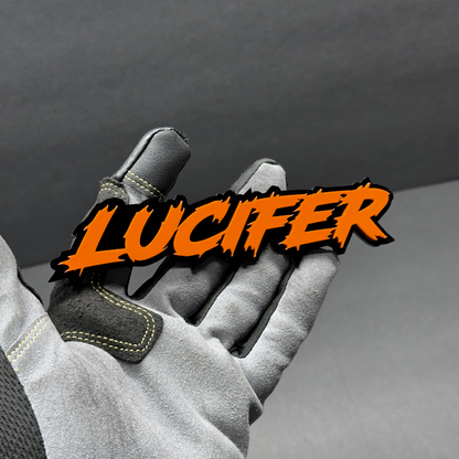 Red Lucifer automotive emblem mounted acrylic badge for hood or tailgate styling