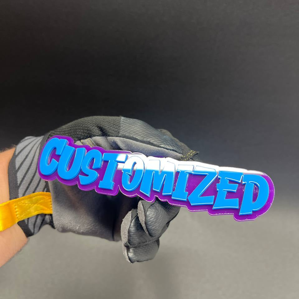 Custom nameplate badge with bold graffiti lettering design