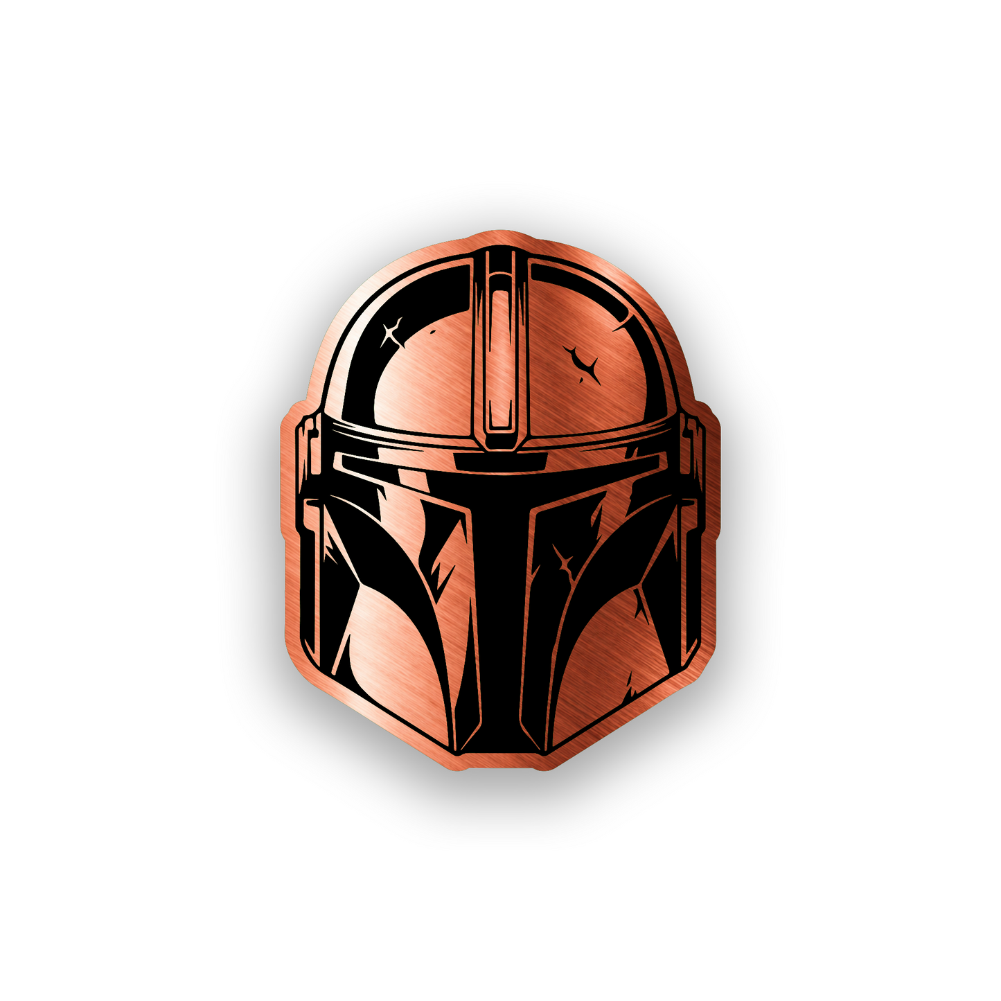 Engraved car badge with Mandalorian helmet inspired automotive artwork