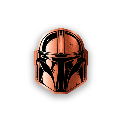 Engraved car badge with Mandalorian helmet inspired automotive artwork