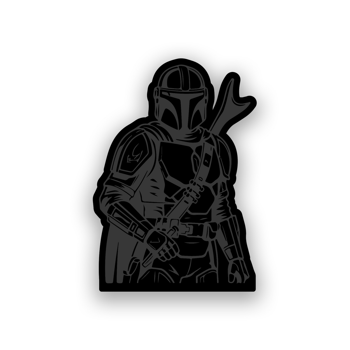 Mandalorian warrior inspired engraved car badge with full armor and sci fi helmet design