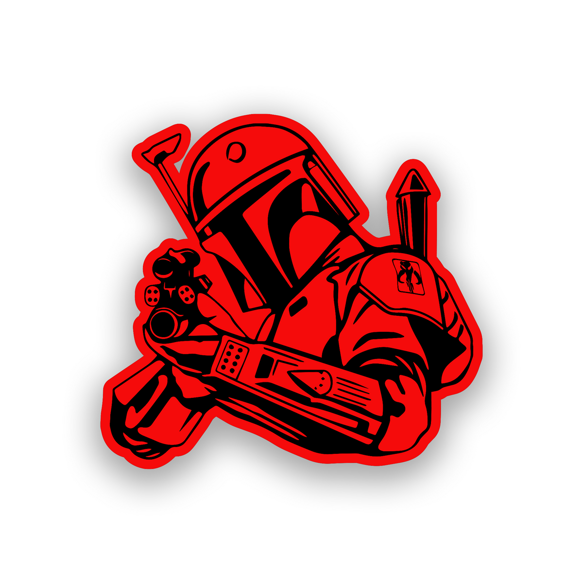 Star Wars inspired automotive badge with bold Mando helmet artwork