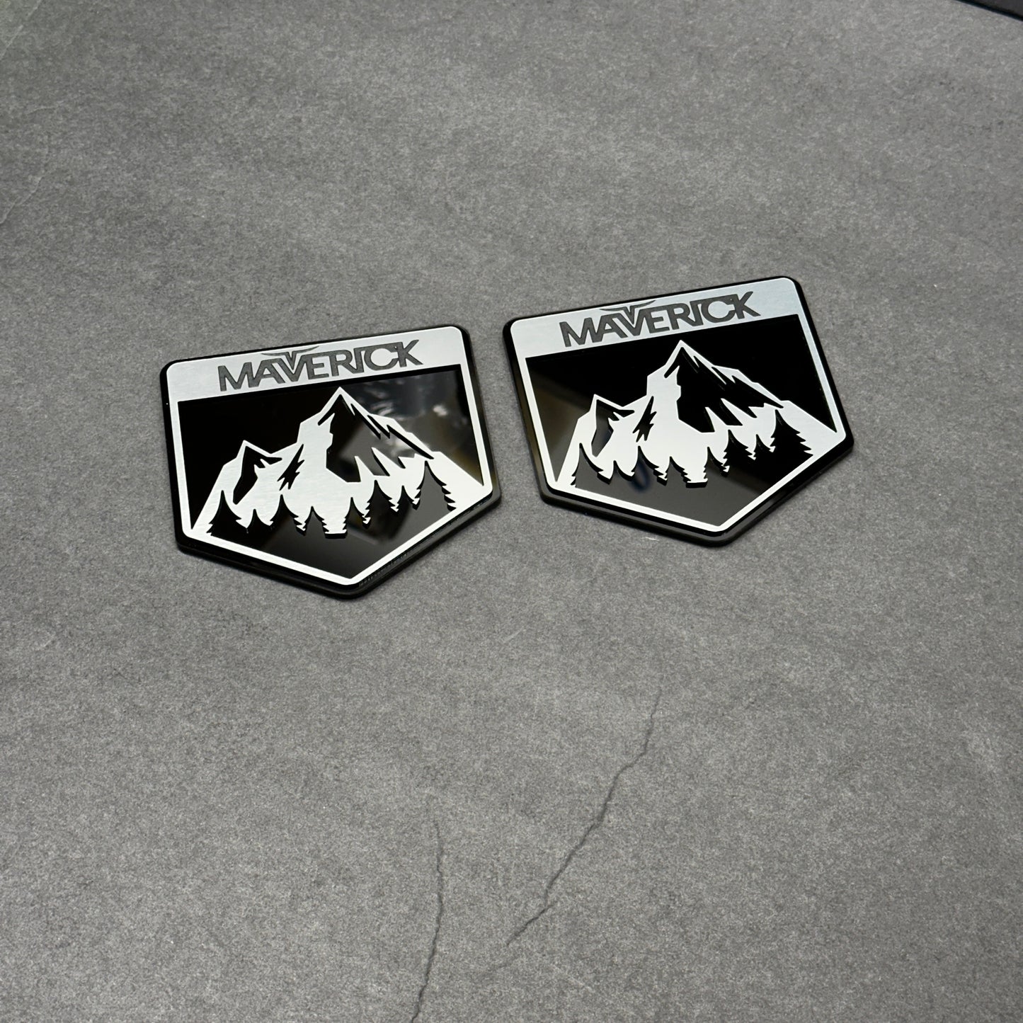 Mountain car emblem with Maverick lettering for Ford truck badge