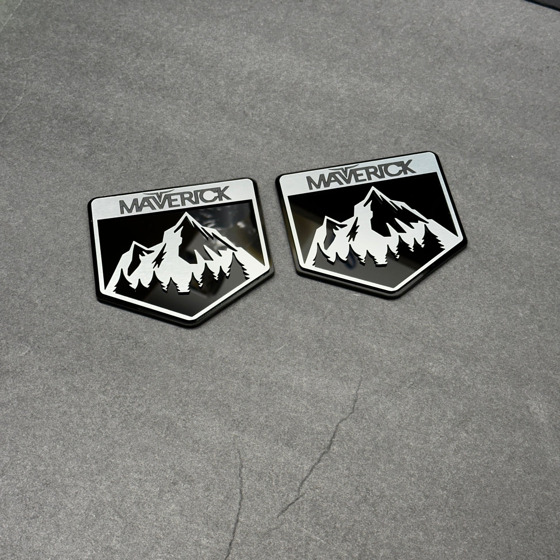 Mountain car emblem with Maverick lettering for Ford truck badge