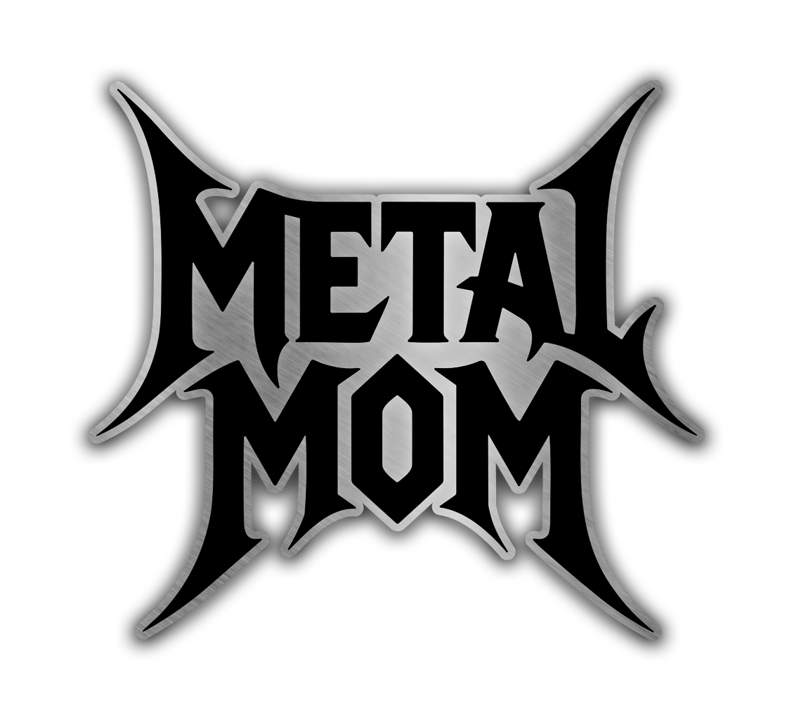 Metal Mom custom engraved auto badge with bold flame lettering
