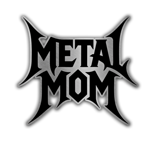 Metal Mom custom engraved auto badge with bold flame lettering