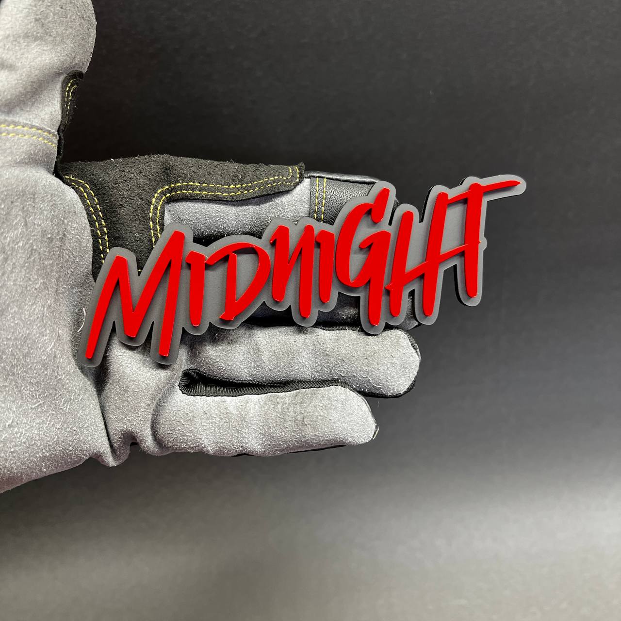 Custom automotive text badge featuring Midnight script design for muscle truck styling