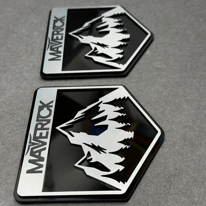 Gloss black and brushed silver Maverick Ford fender badge set