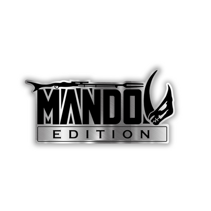 Engraved Mando Edition Mudhorn car badge in brushed silver and black