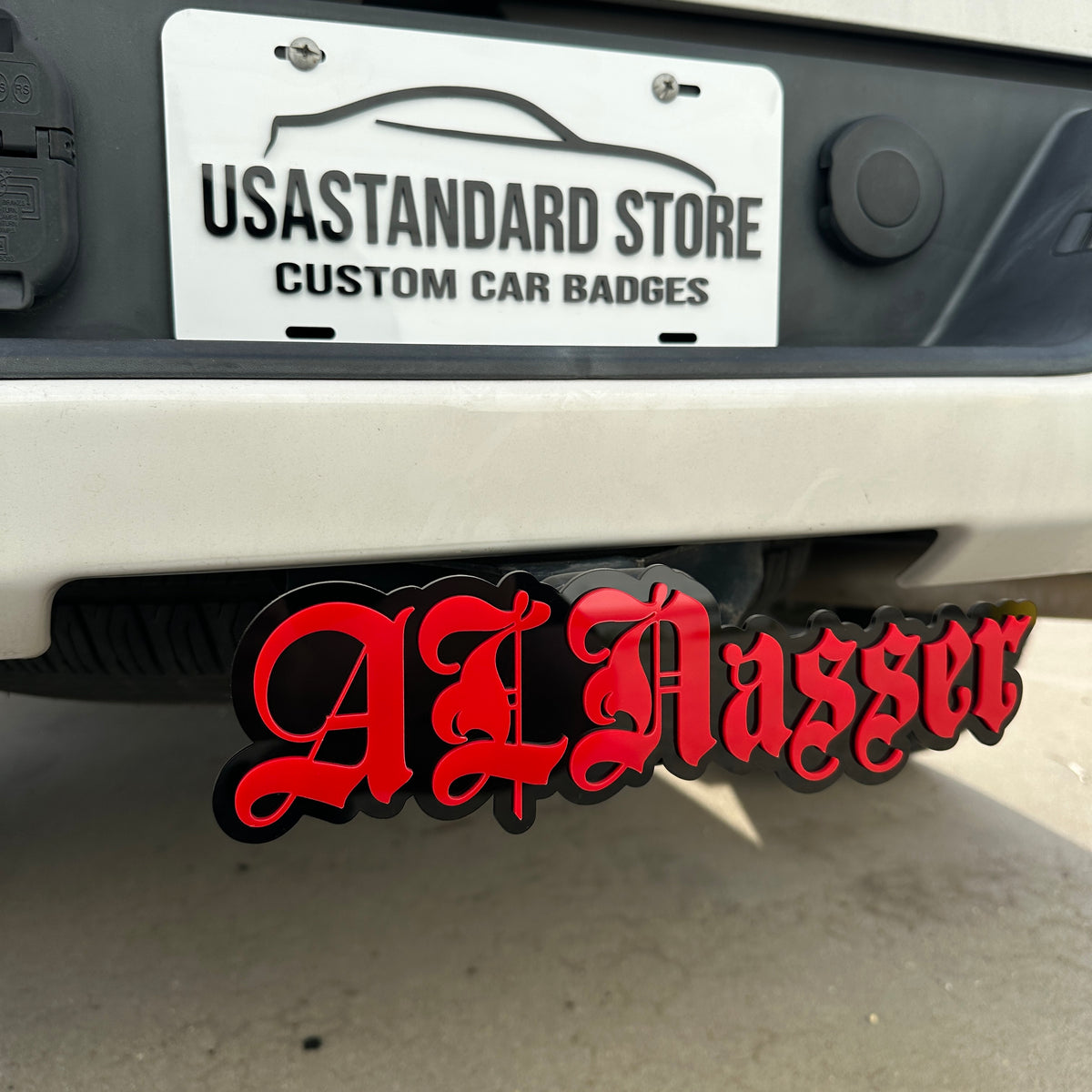 Personalized name hitch cover accessory for custom truck exterior