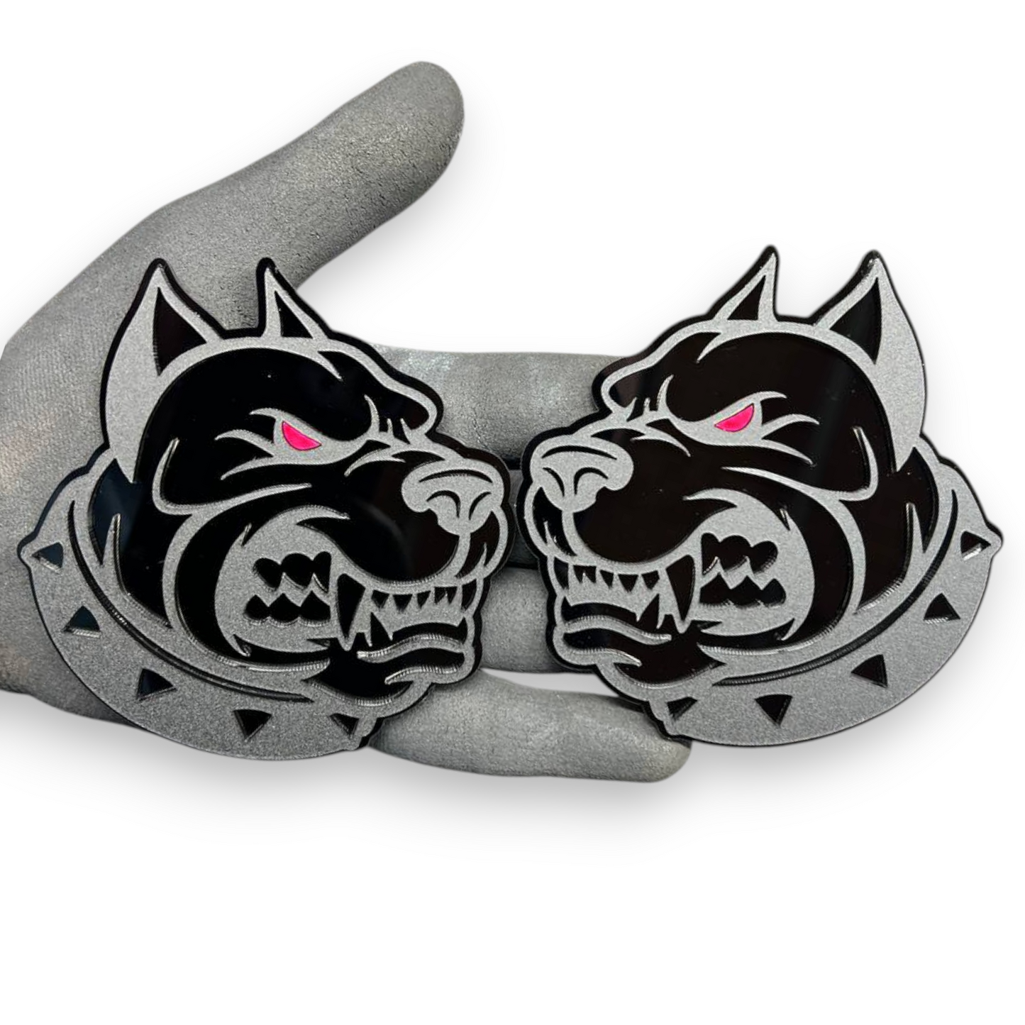 Dog automotive emblem pair for custom car truck hood fender and tailgate use