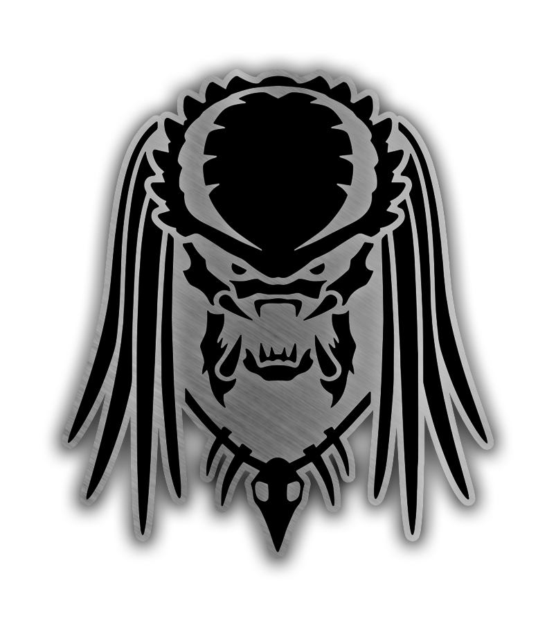Sci-fi warrior mask engraved automotive badge with brushed metal look, black details, and custom exterior style.