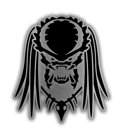 Sci-fi warrior mask engraved automotive badge with brushed metal look, black details, and custom exterior style.