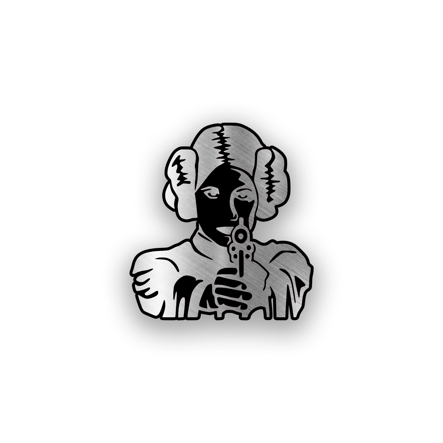 Princess Leia inspired engraved car badge with iconic hairstyle and blaster design