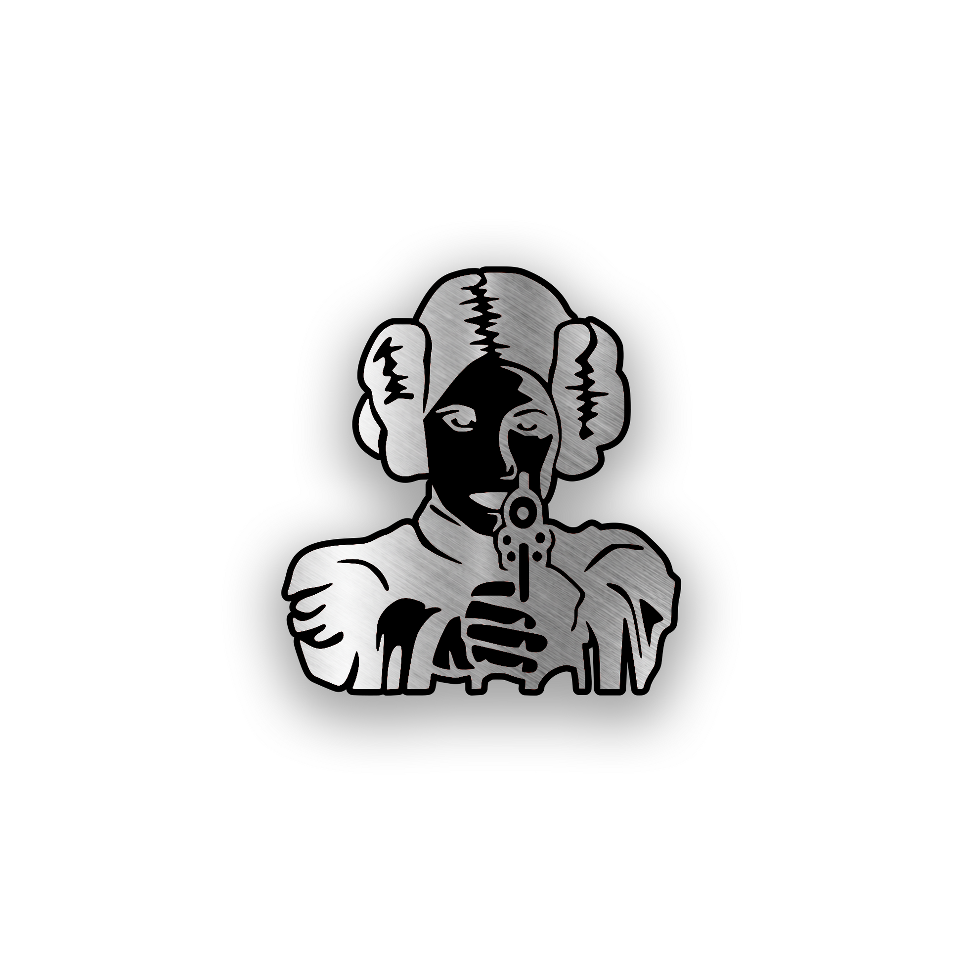 Princess Leia inspired engraved car badge with iconic hairstyle and blaster design