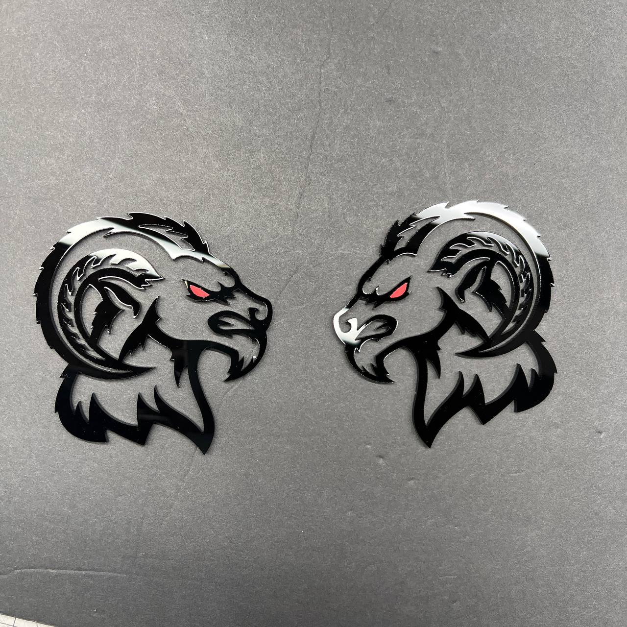 Custom Ram head acrylic badge for Dodge Ram 2500 truck with aggressive red eye design