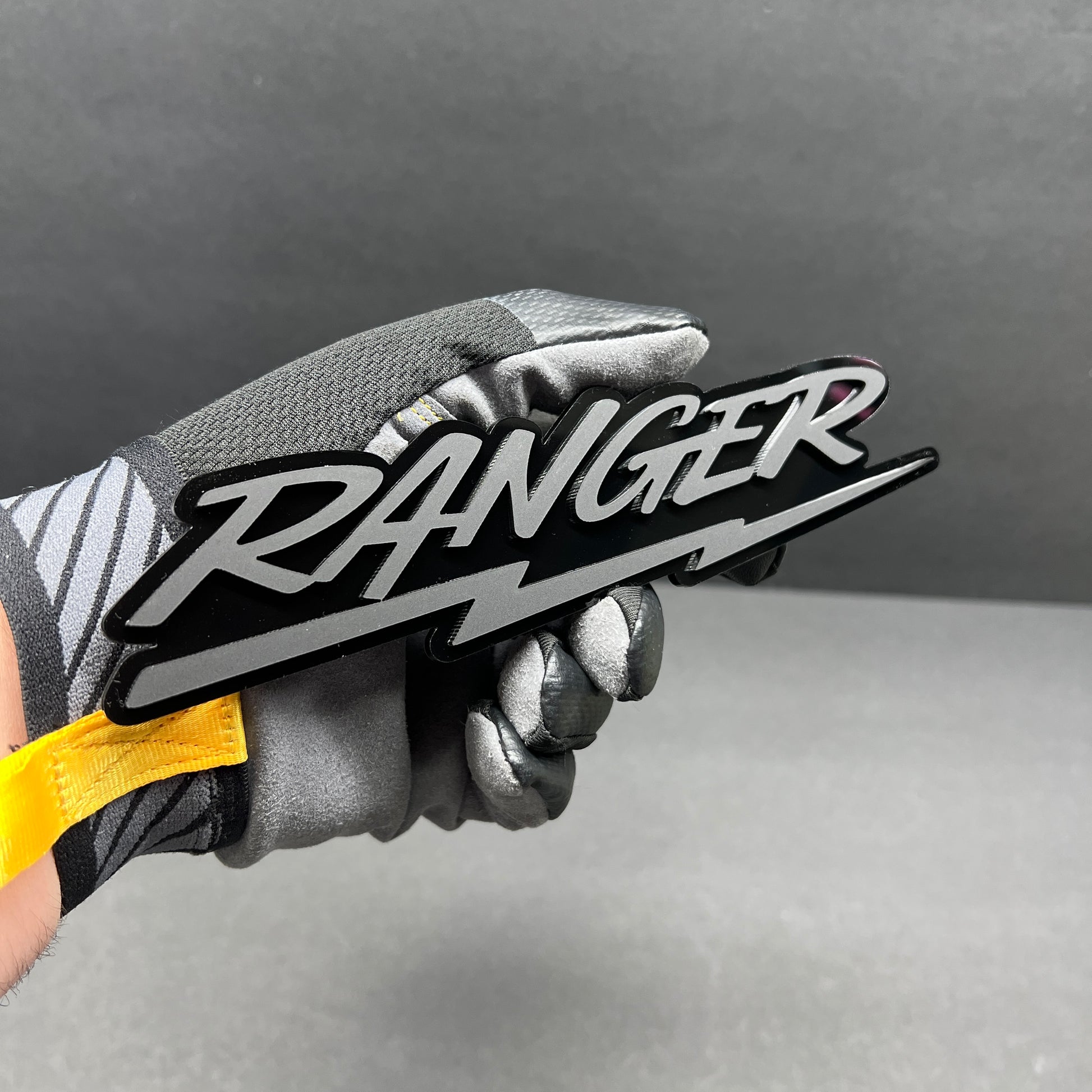 Personalized Ranger script text badge with lightning underline acrylic emblem for vehicle fender and tailgate styling