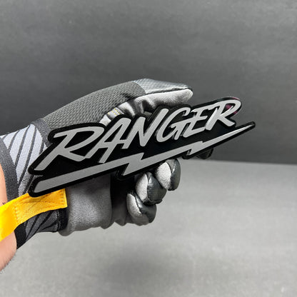 Personalized Ranger script text badge with lightning underline acrylic emblem for vehicle fender and tailgate styling