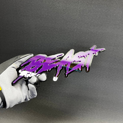 Custom automotive hood badge with layered acrylic drip text style