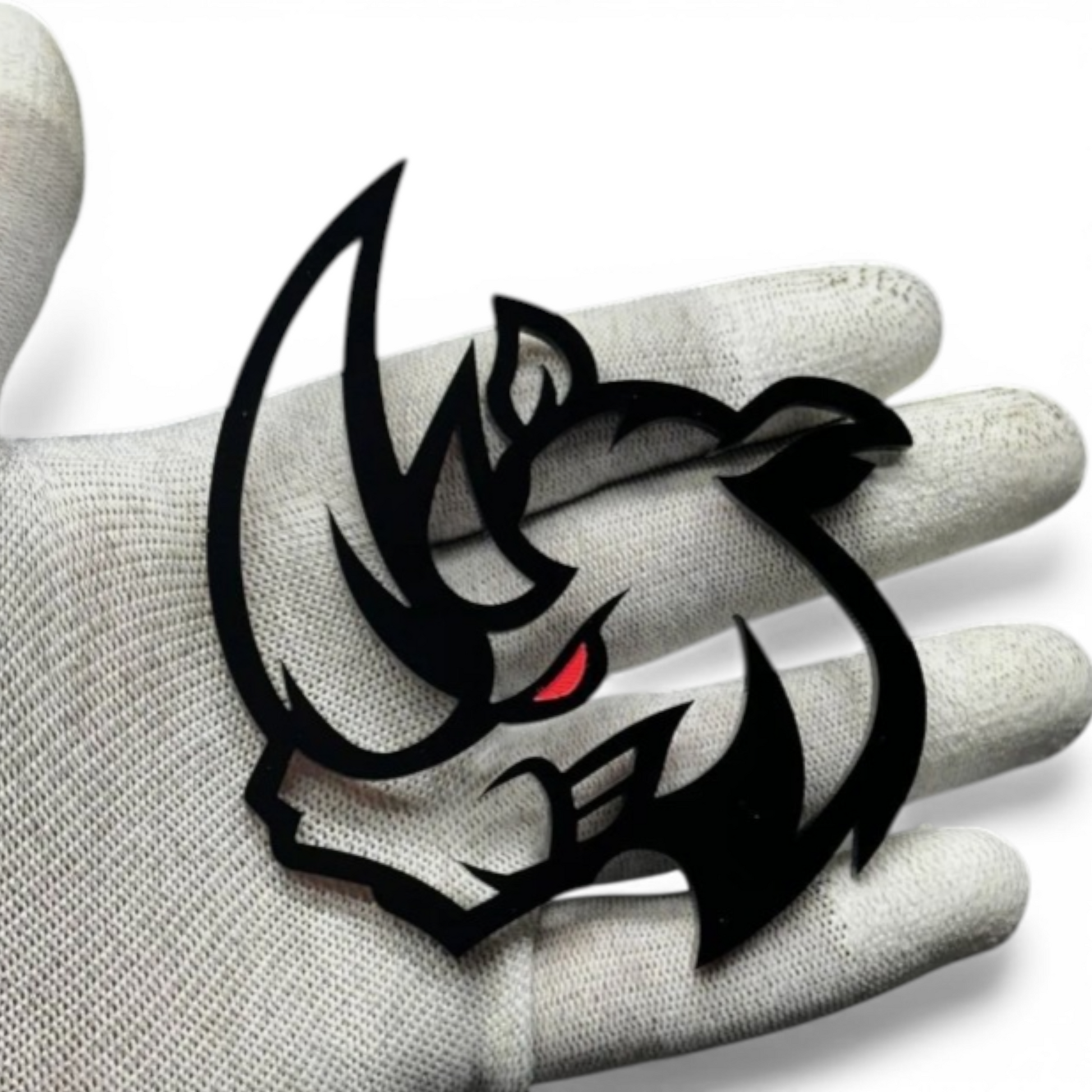 Custom Rhino auto emblem pair for hood tailgate door or side panel placement