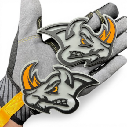 Custom Rhino auto emblem pair for hood tailgate door or side panel placement