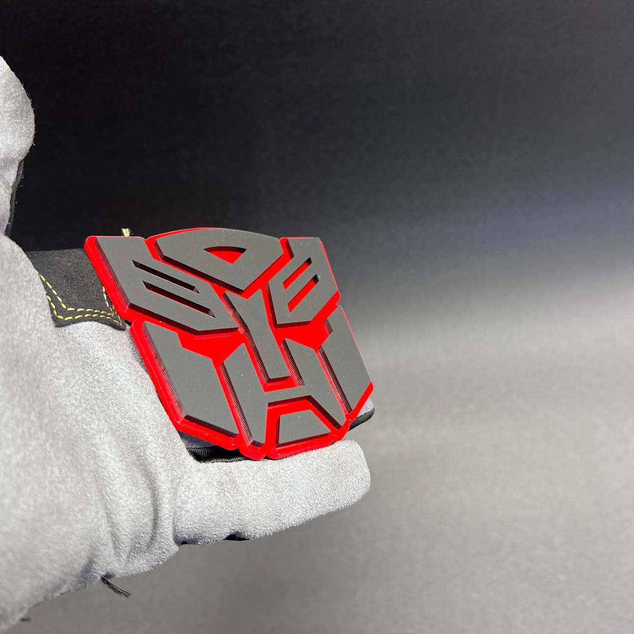 Red gray robot face badge made for custom vehicle exterior decoration