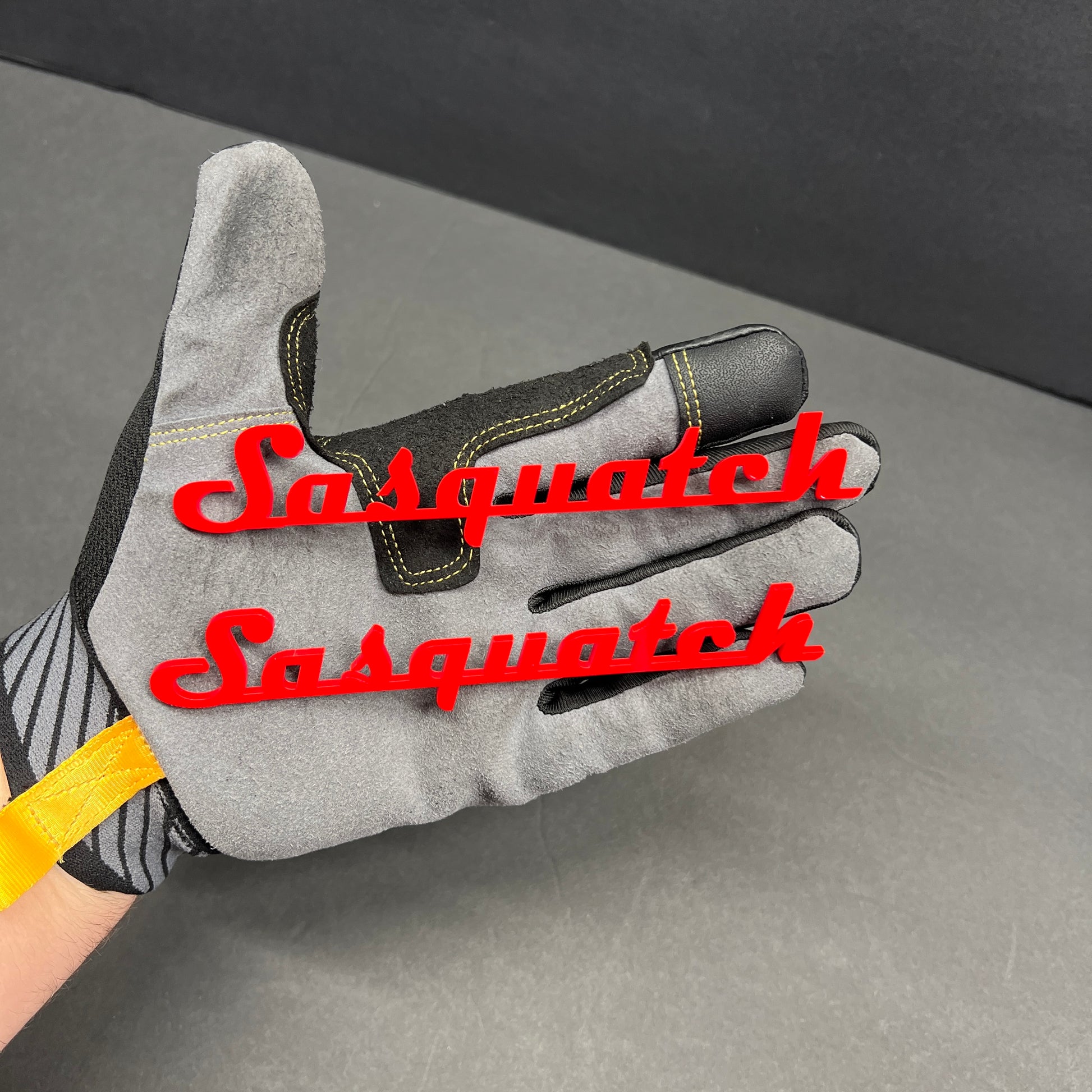 Custom Sasquatch style acrylic text badge for truck fender and tailgate