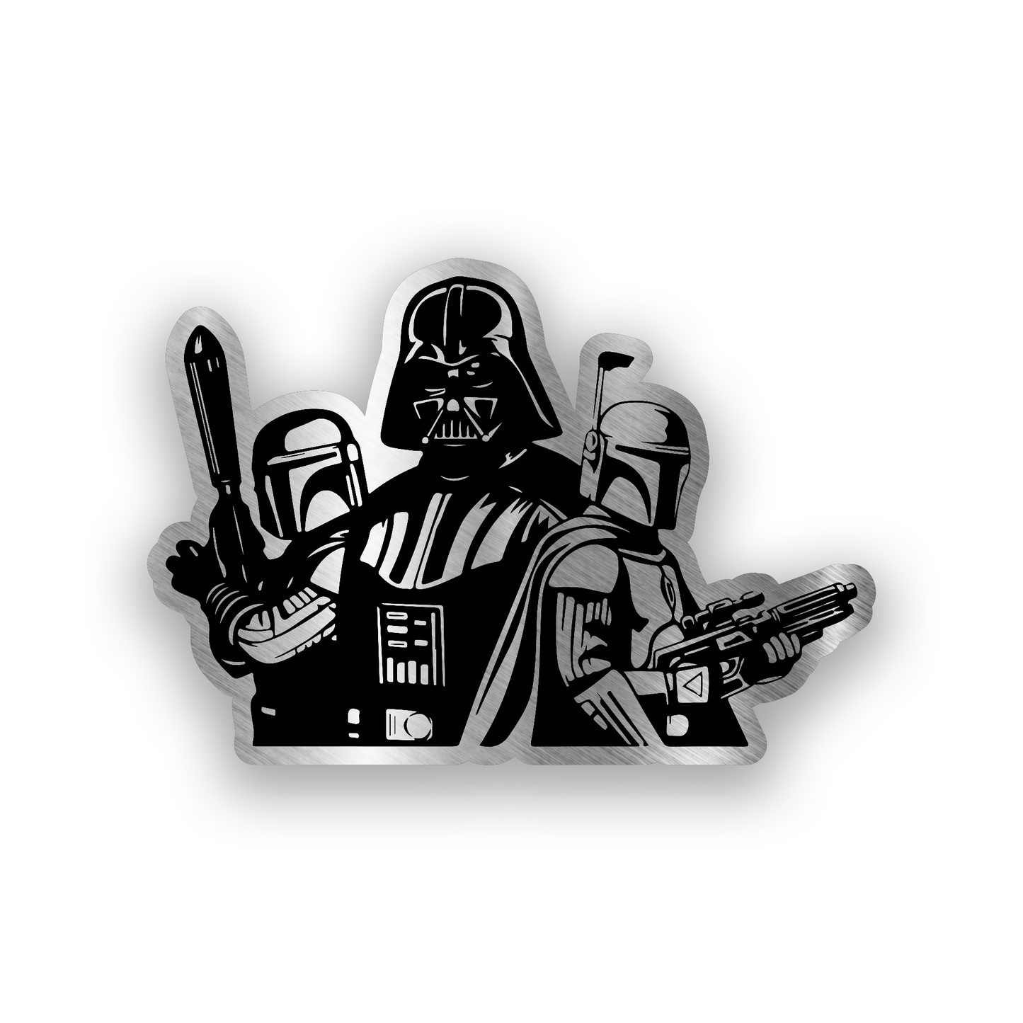 Star Wars inspired engraved car badge featuring Darth Vader and bounty hunter characters