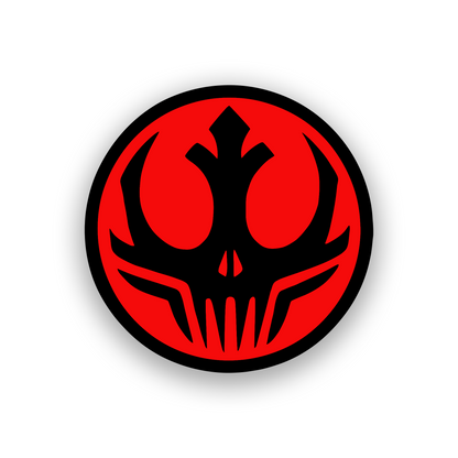Dark side inspired car badge with engraved black and white skull logo