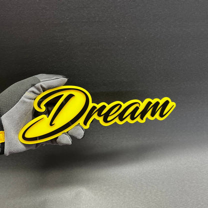 Yellow and black Dream script acrylic car badge emblem for Ford F150 truck customization
