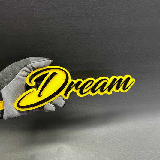 Yellow and black Dream script acrylic car badge emblem for Ford F150 truck customization