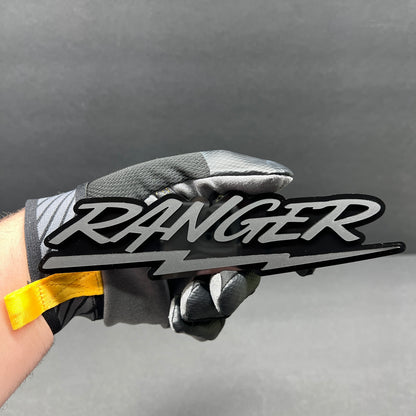 Custom lightning script automotive emblem badge in Ranger inspired font for performance truck exterior decoration