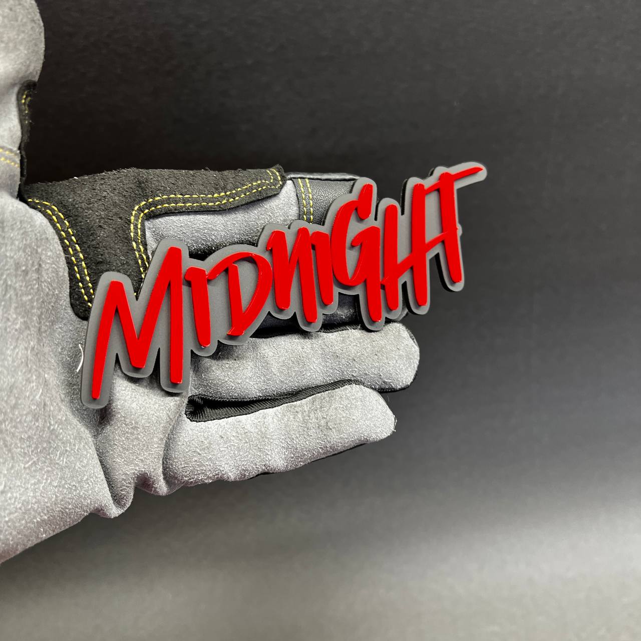 Red and black custom Midnight script badge for hood, tailgate, or fender installation
