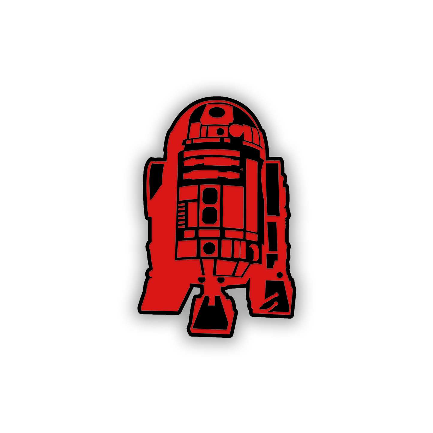Silver engraved R2D2 automotive emblem with bold black outline details