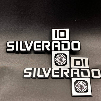 Silverado inspired car badge fender emblem with black base and white top layer