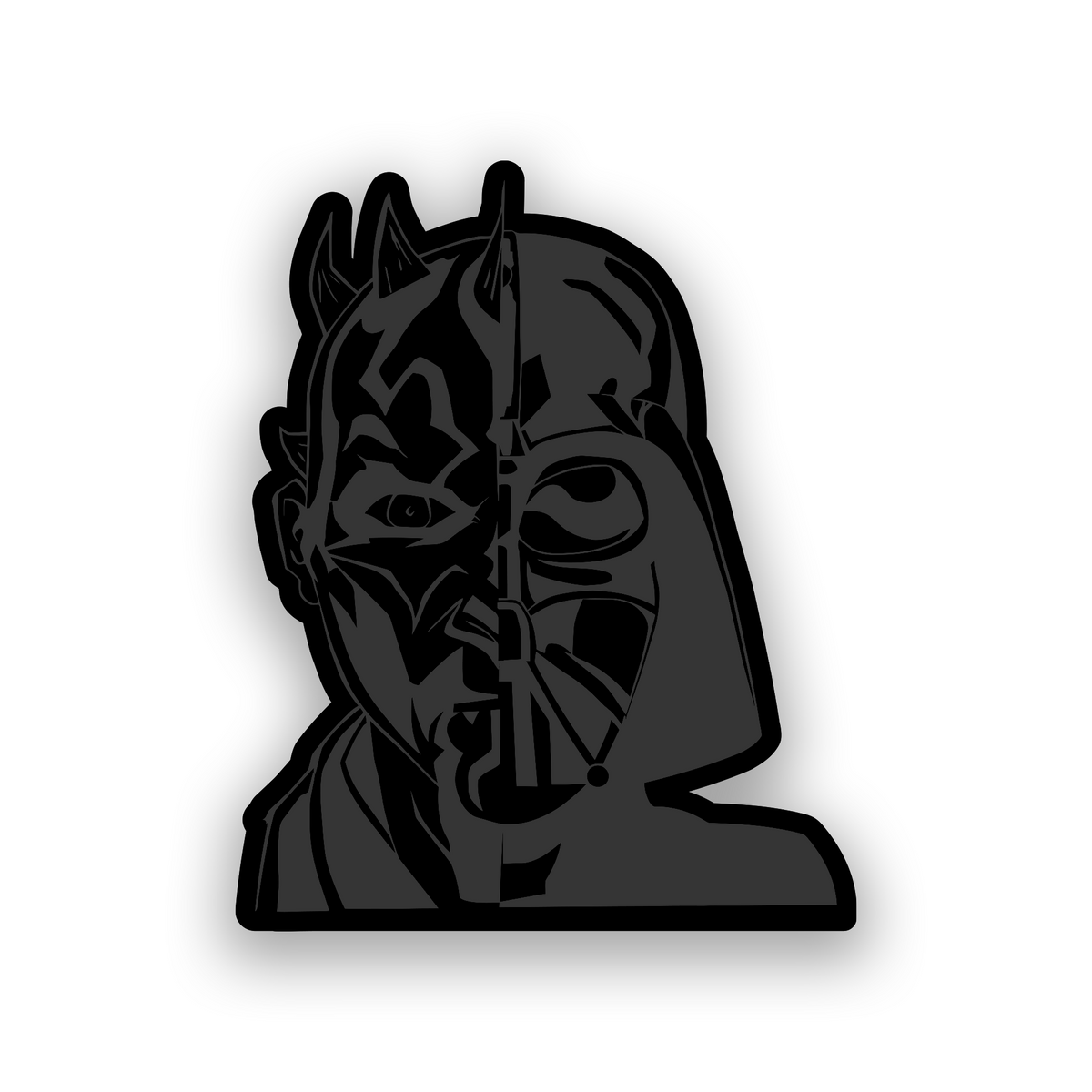 Split Sith lord car badge with engraved black and white Darth Maul and Darth Vader design