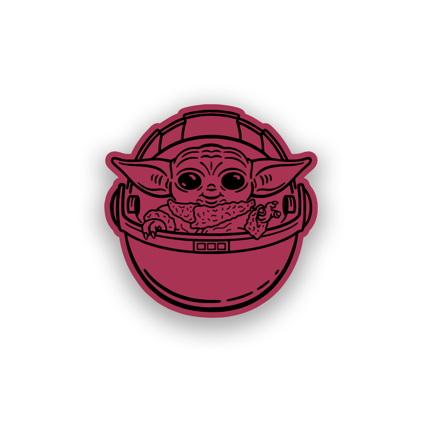 Baby Yoda style automotive emblem with bold engraved sci fi character design