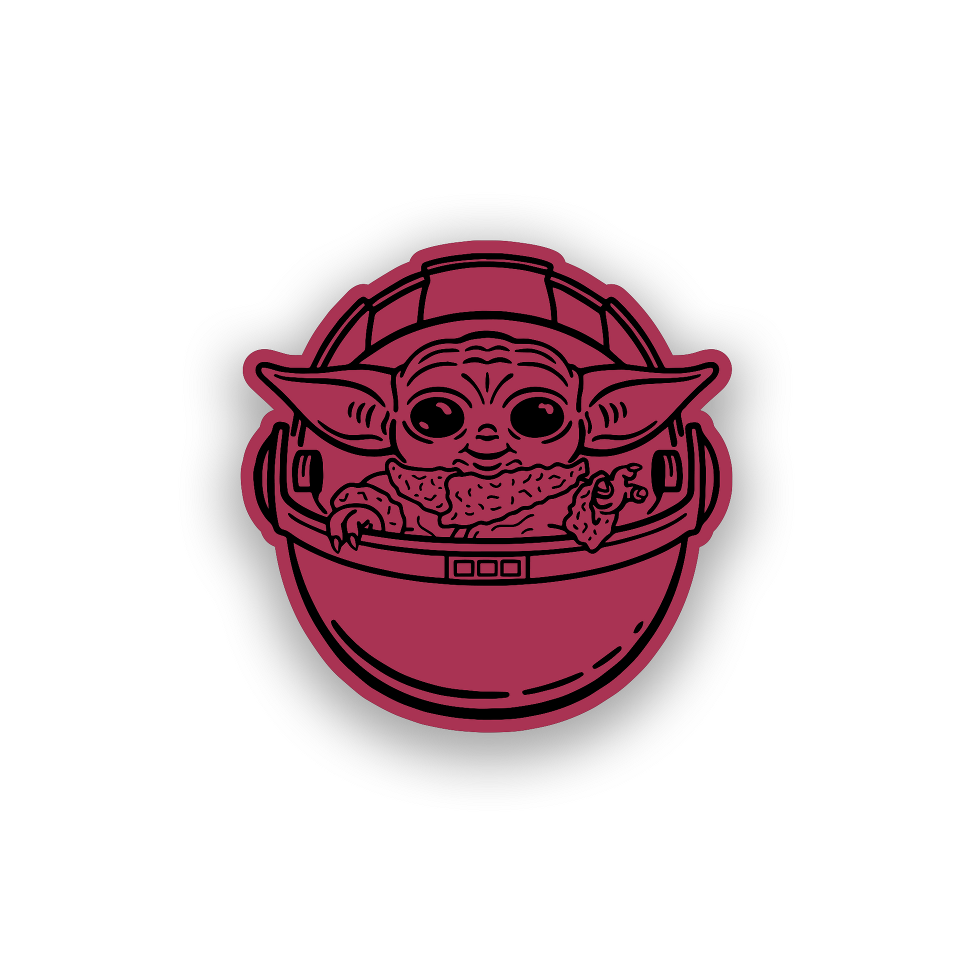 Baby Yoda style automotive emblem with bold engraved sci fi character design