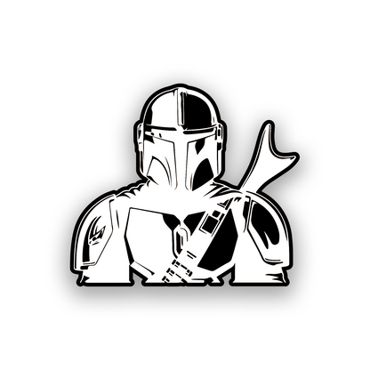 Beskar warrior inspired engraved car emblem with futuristic Mandalorian armor styling