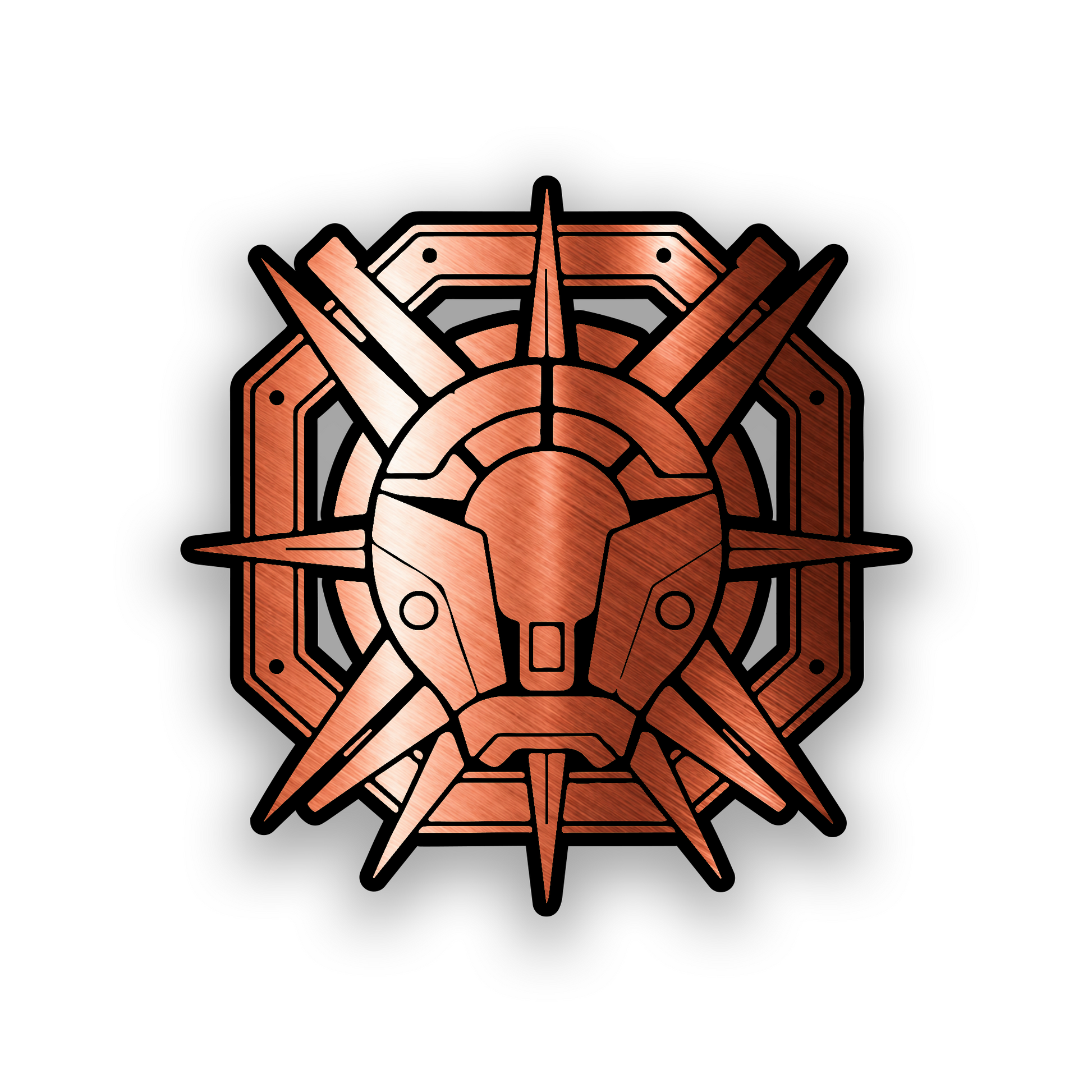 Sci fi mechanical vehicle emblem with bold black and white engraved design